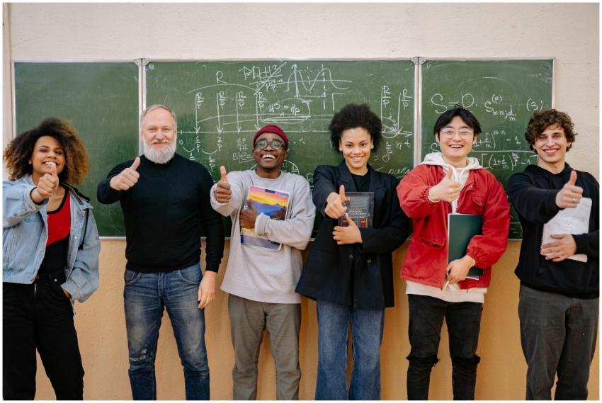 A group of diverse students with a teacher, all th