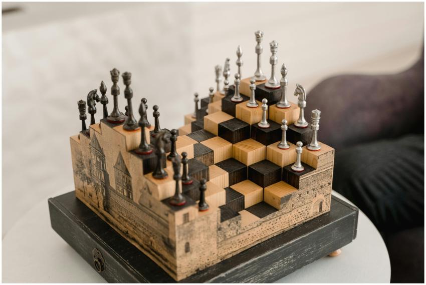 Artistic chess set with 3D pieces on an intricate