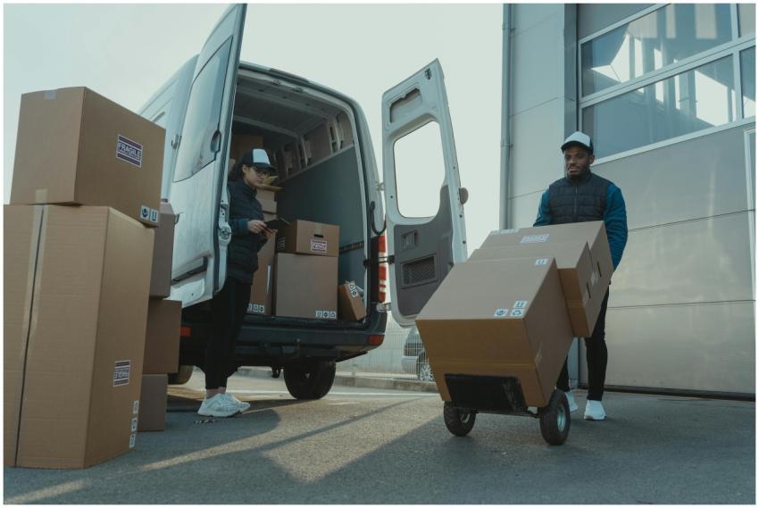 Two couriers load boxes into a van for shipment, s