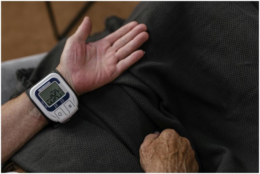 A senior adult using a wrist blood pressure monito
