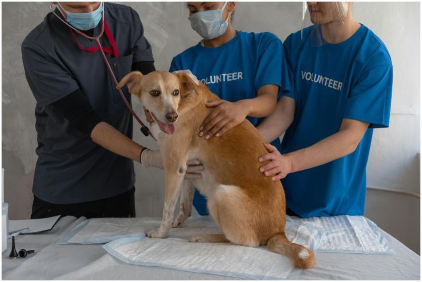 Veterinarian and volunteers caring for a dog durin