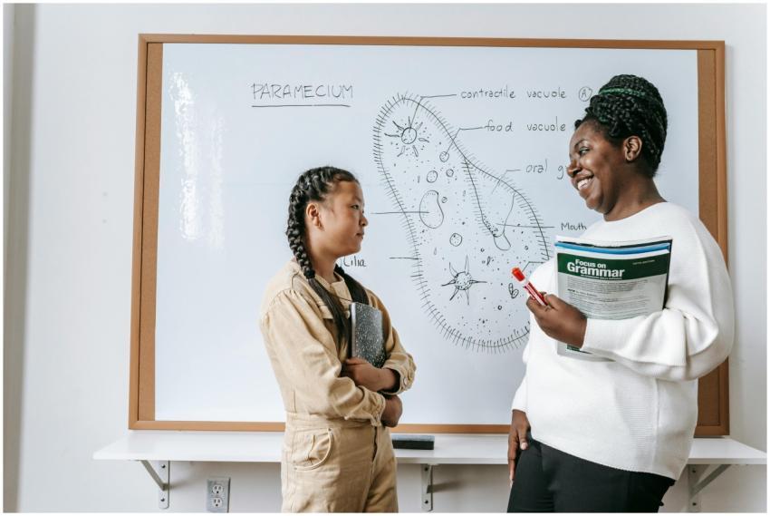 Side view of smiling African American female teach
