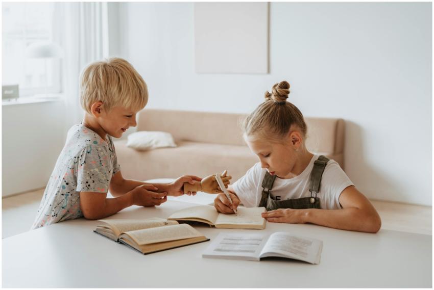 Blonde boy and girl studying together indoors, foc