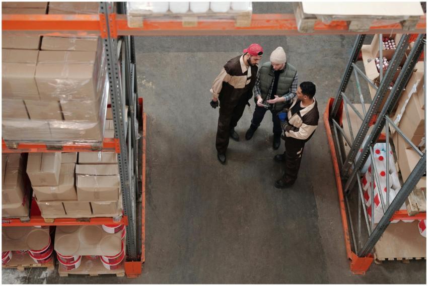Three warehouse workers discussing logistics in an