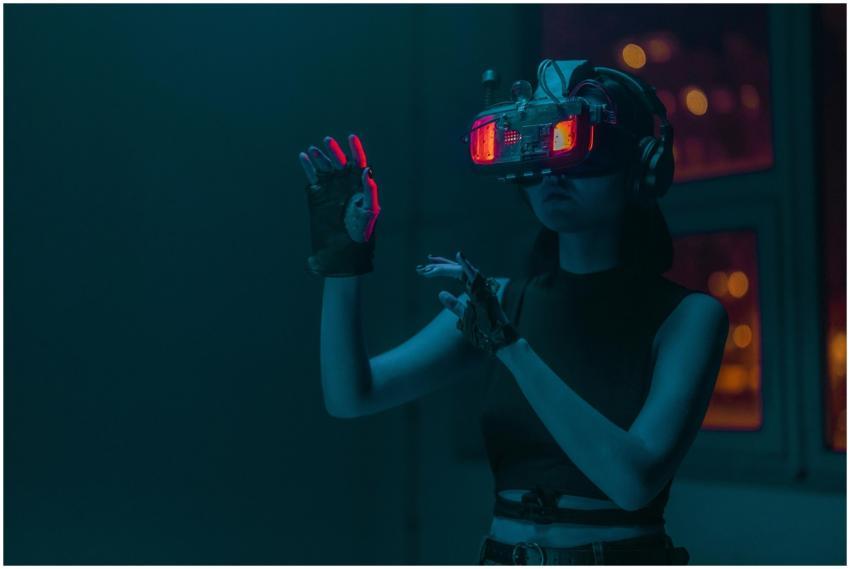 Woman exploring virtual reality with neon lights i