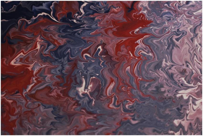 Dynamic abstract painting with swirling red, blue,