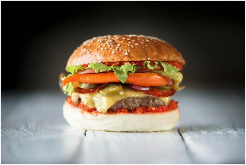 Close-up of a delicious gourmet burger with fresh