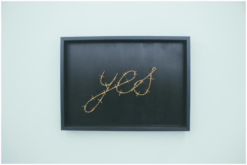A framed artwork featuring the word 'yes' in barbe