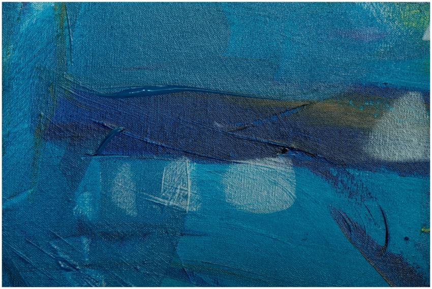 Close-up of a blue abstract painting showcasing vi