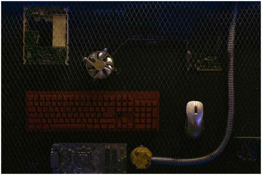 Top view of computer hardware components displayed