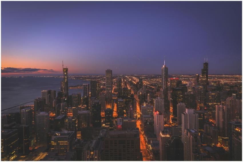 Beautiful aerial view of Chicago's illuminated cit