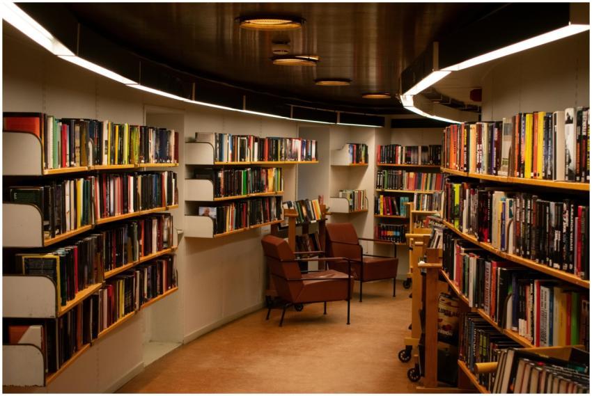 A cozy library space in Stockholm with brown leath