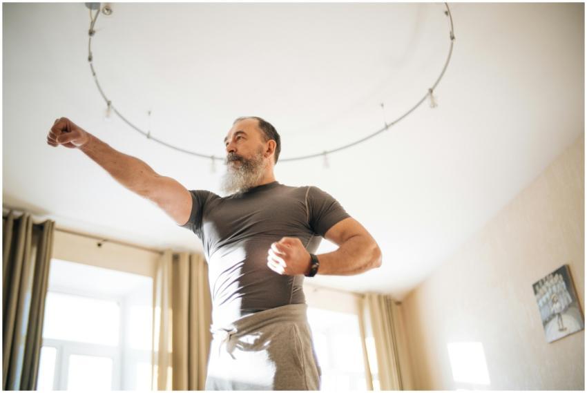 Elderly man performing yoga indoors to stay health