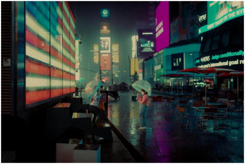 Two people with umbrellas in rainy Times Square, N