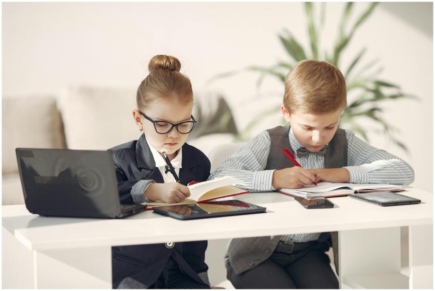 Cute business children in uniform using laptop and