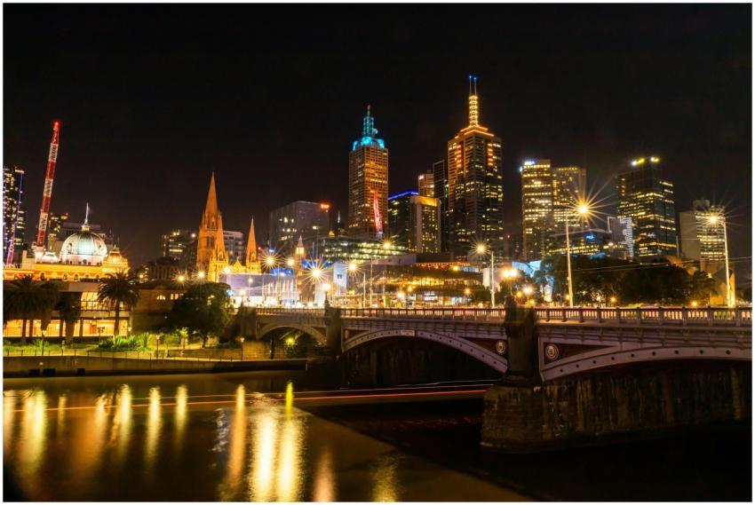 Vibrant Melbourne cityscape at night with illumina