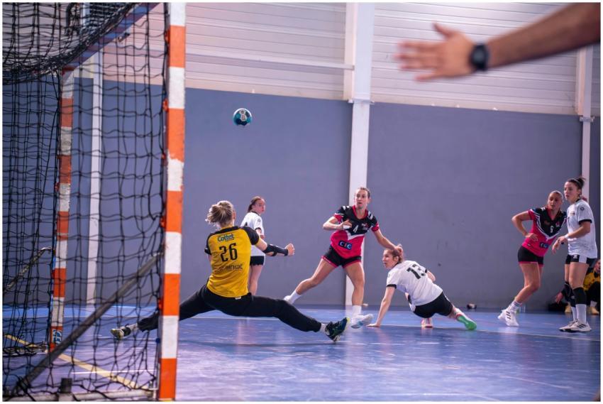 Dynamic action shot of a women's handball match wi