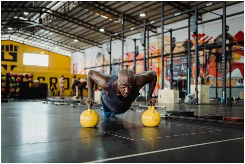Focused man performing push-ups with kettlebells i