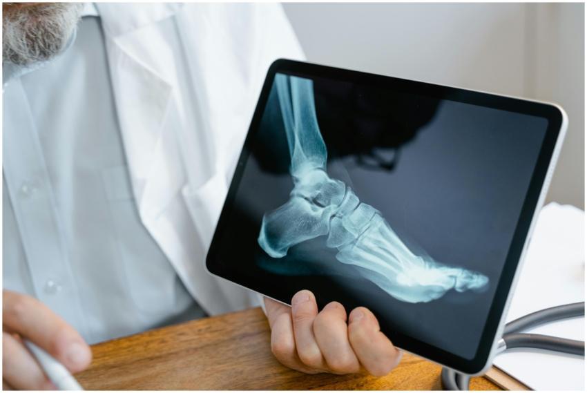 A doctor examines an x-ray image of a foot display