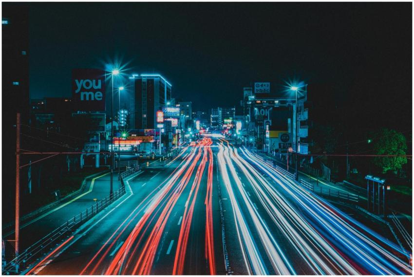 Dynamic long exposure shot of a city road at night