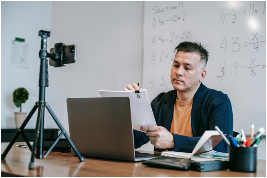 Professional educator engaging in online teaching