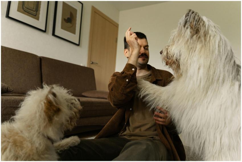 A man enjoys playful interaction with two fluffy d