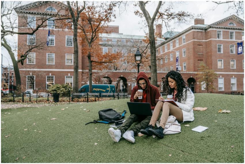 College students studying with laptops and books i