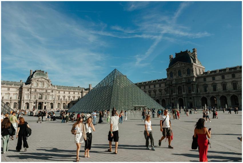 Visitors exploring the Louvre Pyramid under a clea