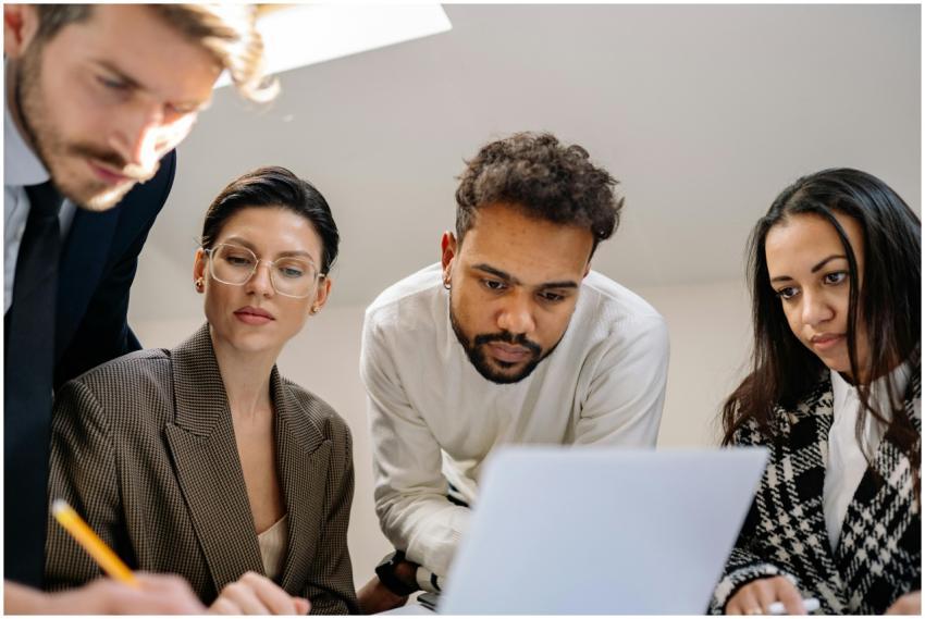 A diverse group of professionals collaborating on