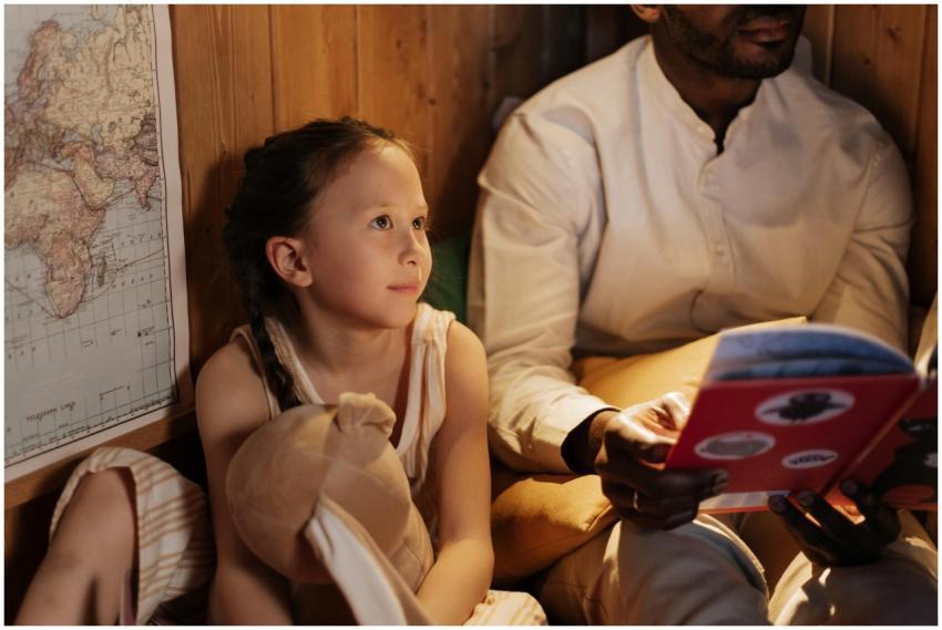 A father reading a bedtime story to his daughter a