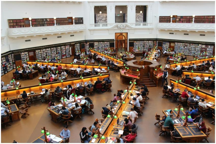 Aerial view of a bustling study hall in a universi