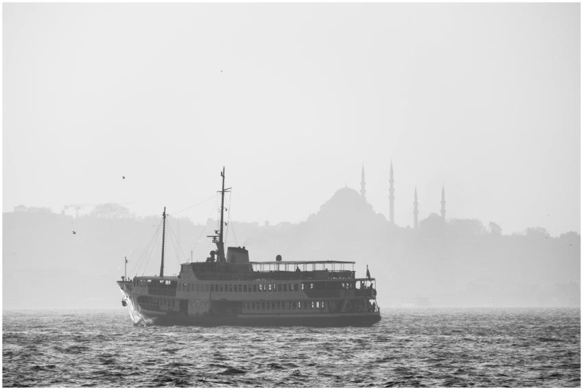Black and white image of a ferry crossing the Bosp