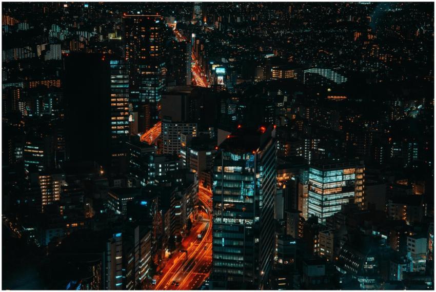 A vibrant aerial view of Shibuya's cityscape with
