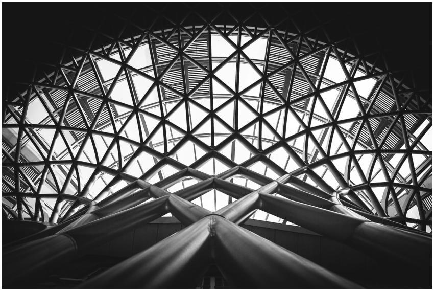 A striking black and white photo of a modern steel