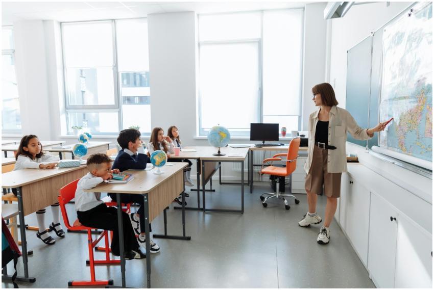Children in a classroom learning about geography w