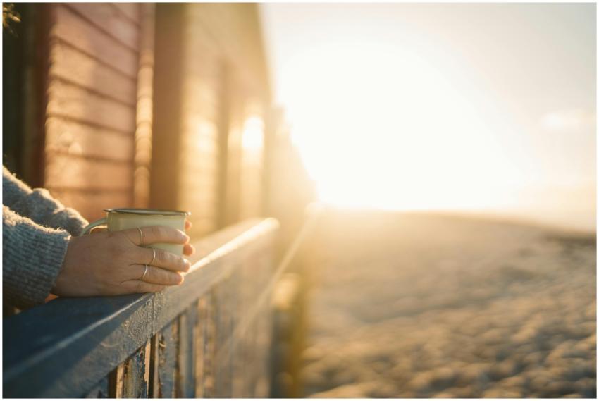 A serene morning scene with a hand holding a mug a