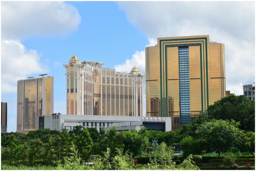 A vibrant view of Macau's skyline featuring iconic