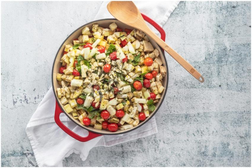 Delicious and colorful vegetable dish with cherry