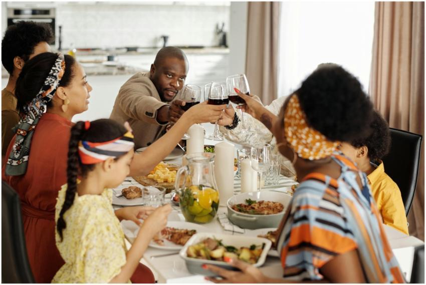 Family gathering in a cozy home, sharing a meal an