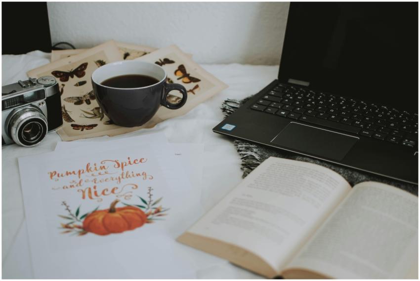 A cozy indoor workspace featuring a laptop, camera