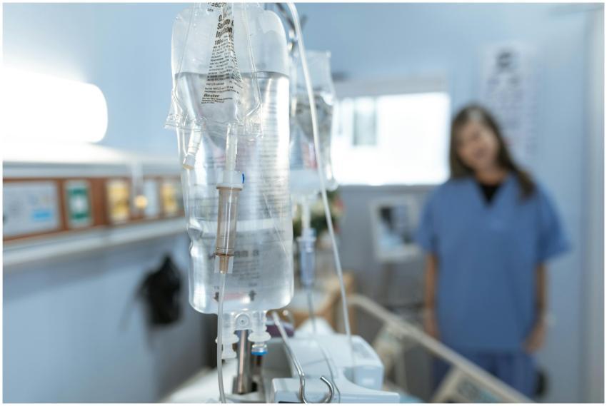 Close-up of an IV drip in a hospital with a blurre