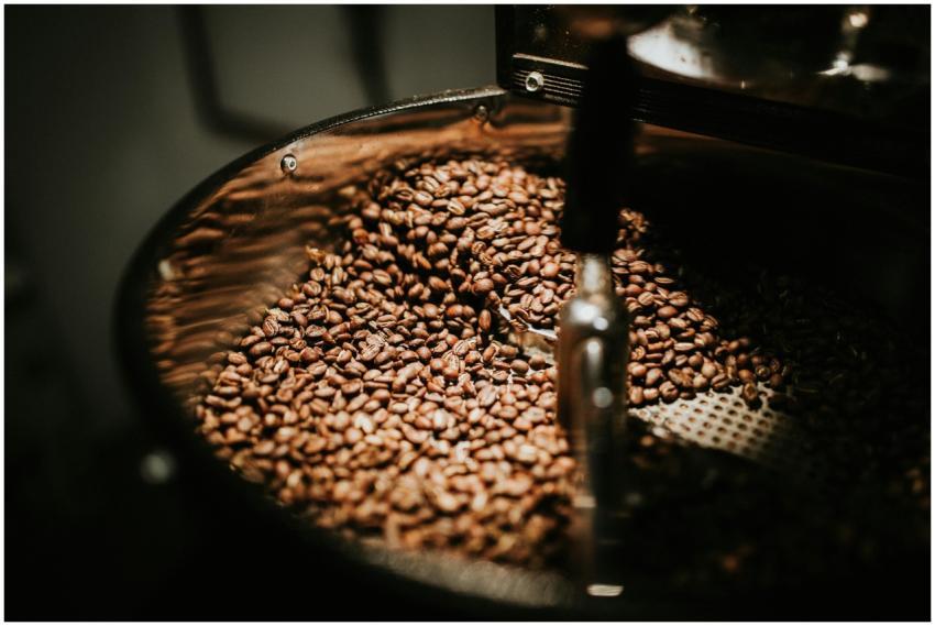 Close-up of freshly roasted coffee beans in a larg