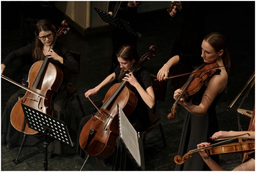 Women musicians playing cellos and violins in an o
