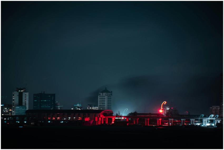 A captivating cityscape at night with glowing skys