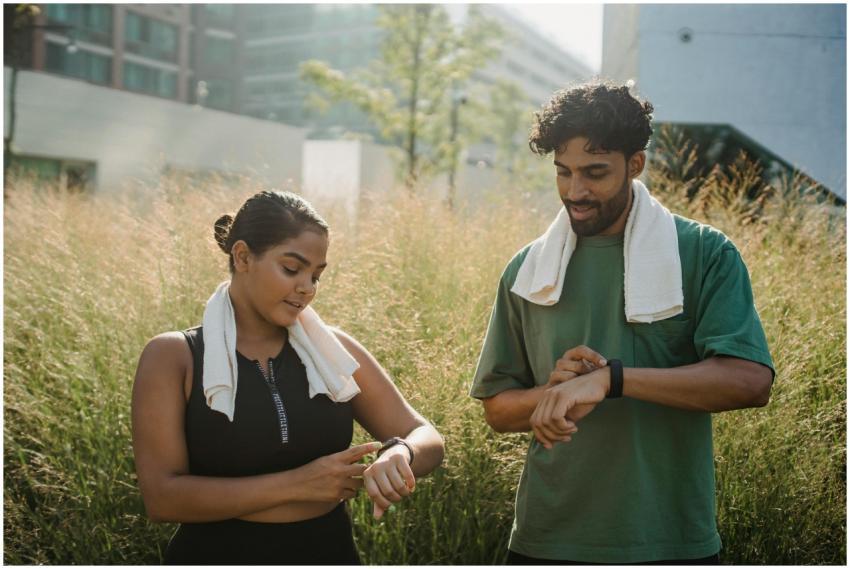A couple checks their smartwatches after a workout