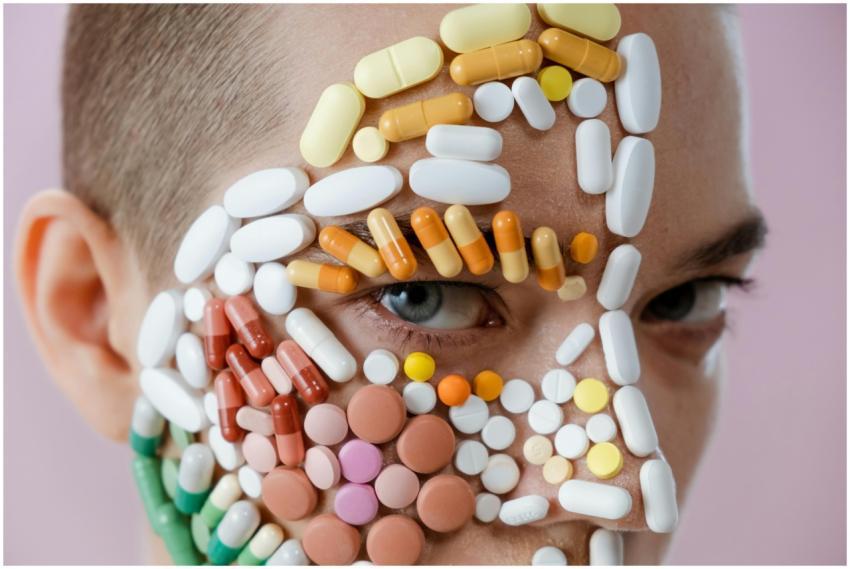 Close-up of a face covered with colorful pills and