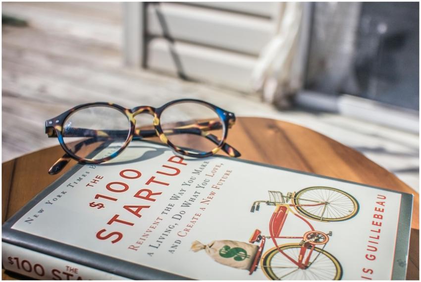Close-up of a book and eyeglasses on a table, perf
