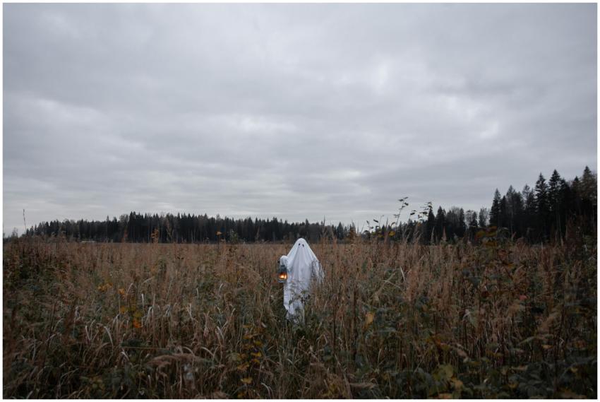 A person dressed in a ghost costume standing in a