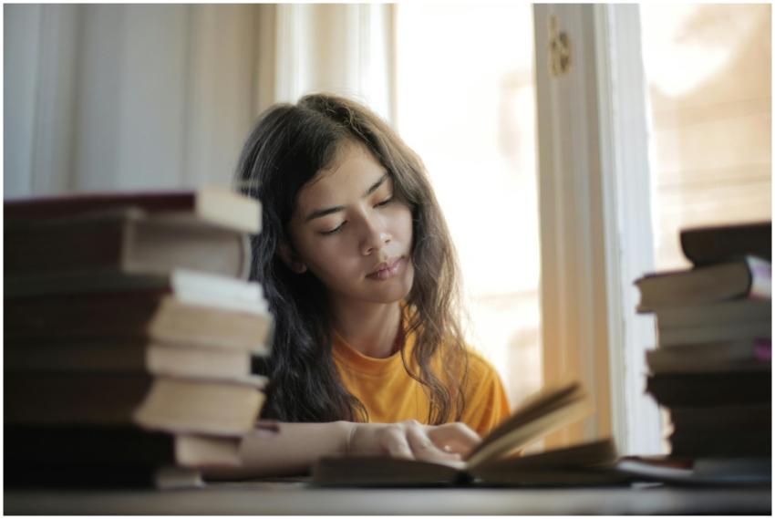 Young smart Asian woman reading book while sitting