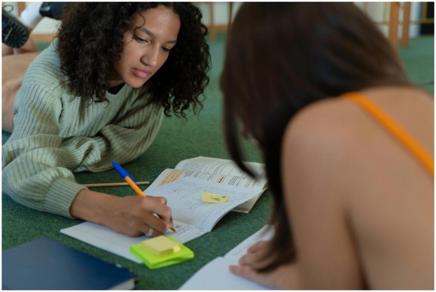Two students studying together, sharing notes, and